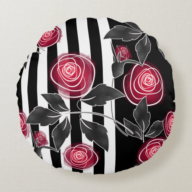 Abstract modern red roses leaves  sketched flowers round pillow (Front)
