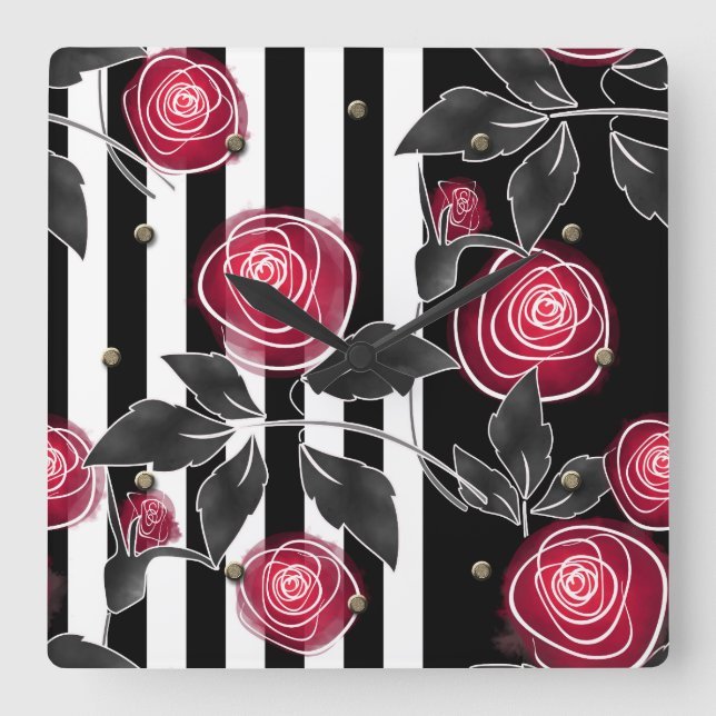 Abstract modern red roses leaves  sketched flowers square wall clock (Front)