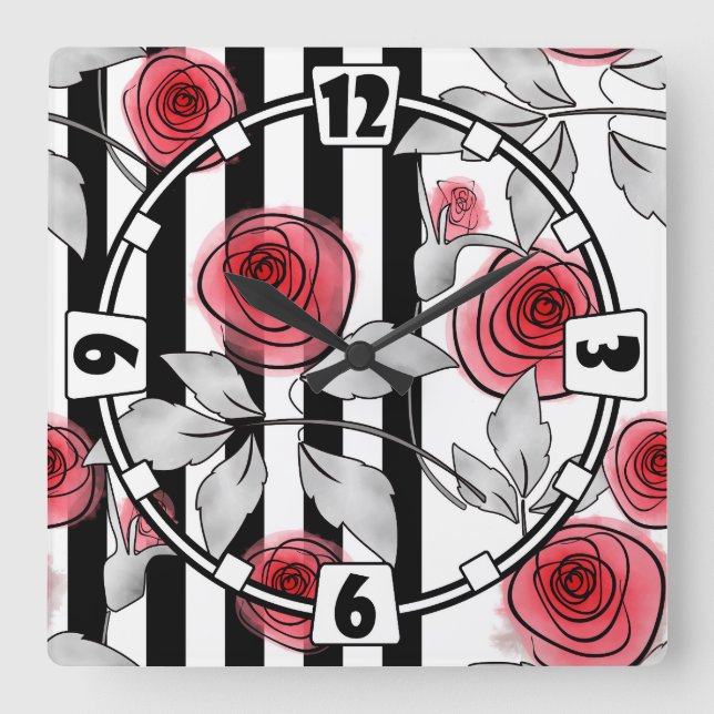 Abstract modern red roses leaves  sketched flowers square wall clock (Front)