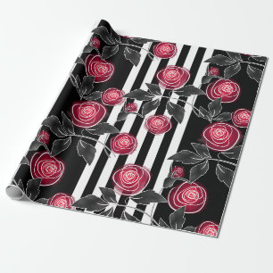 Abstract modern red roses leaves  sketched flowers wrapping paper