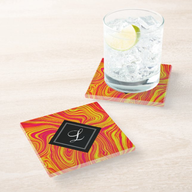 Abstract Modern Red Yellow Liquid Marble Glass Coaster (Angled)