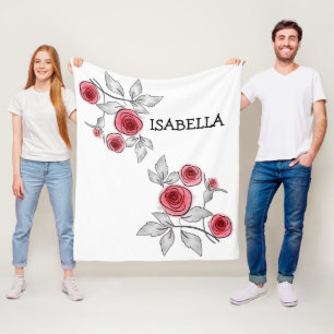 Abstract modern roses flowers red grey floral whit fleece blanket