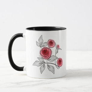 Abstract modern roses flowers red grey floral whit mug