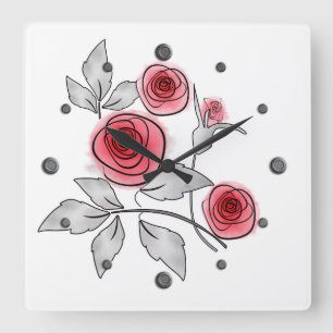 Abstract modern roses flowers red grey floral whit square wall clock