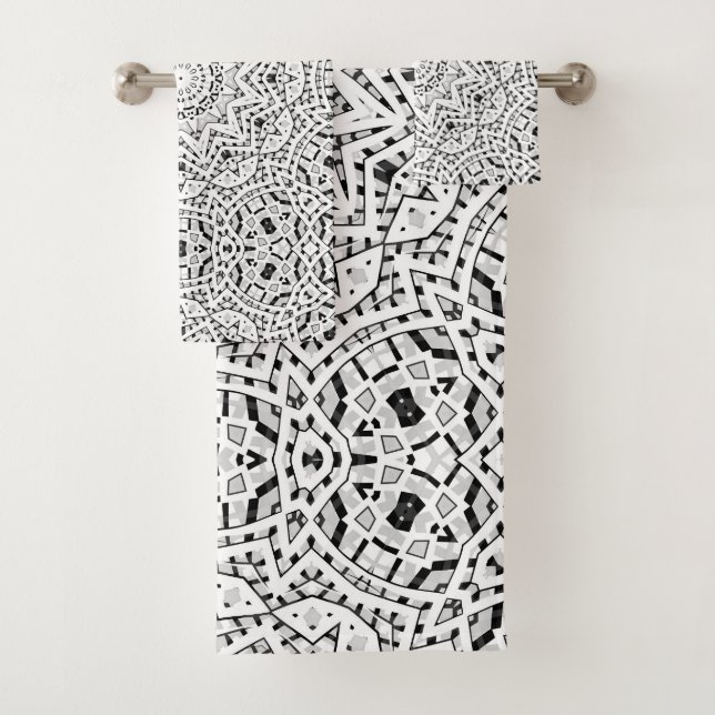 Abstract modern seamless ornamental white black ar bath towel set (Insitu)