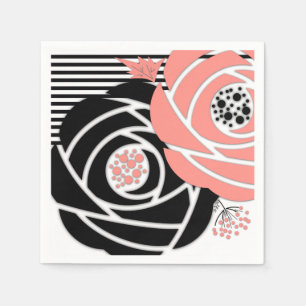 Abstract modern shapes flowers floral coral black napkin