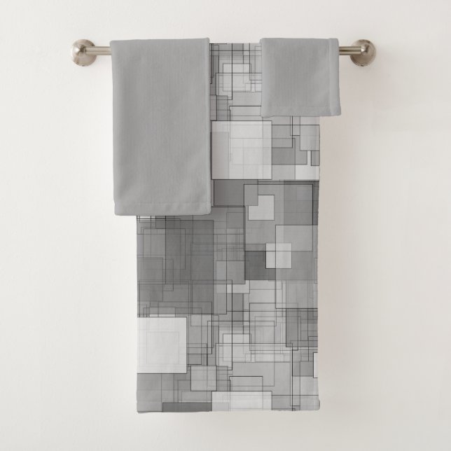Abstract Modern Silver Squares Bath Towel Set (Insitu)