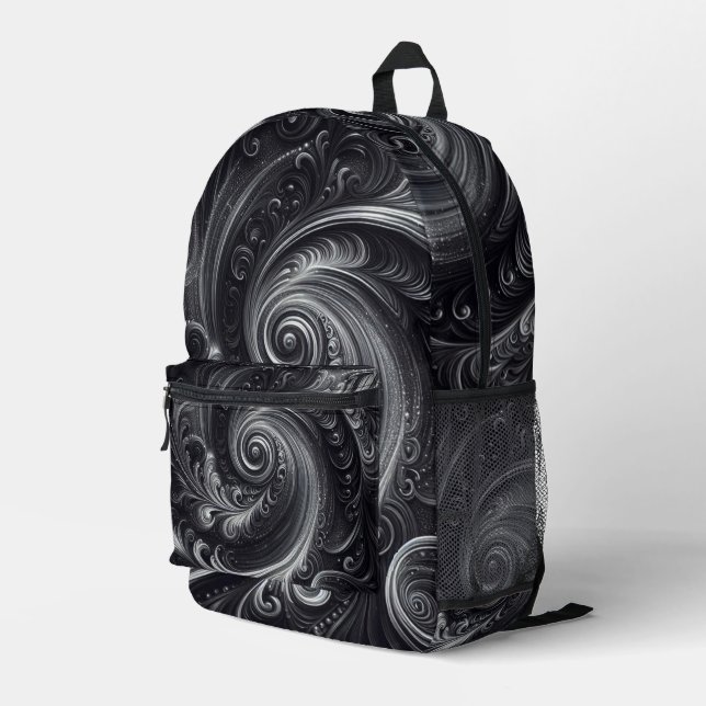 Abstract Modern Simple Swirling Black and White Printed Backpack (Back Corner Right)