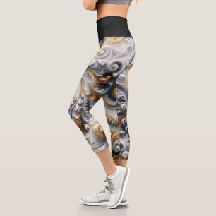 Abstract Modern Swirling Gold, Black and White Capri Leggings