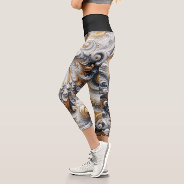 Abstract Modern Swirling Gold, Black and White  Capri Leggings (Left)