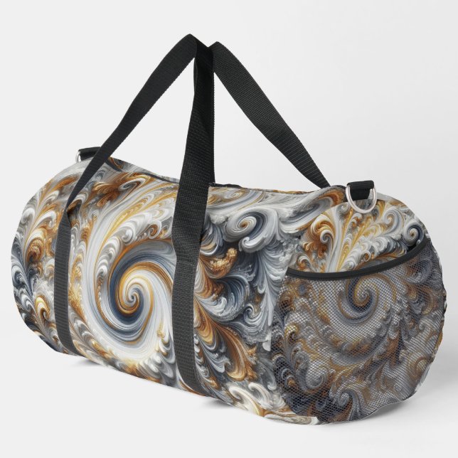 Abstract Modern Swirling Gold, Black and White Duffle Bag (Right Corner)