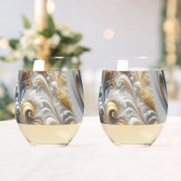 Abstract Modern Swirling Gold, Black and White  Stemless Wine Glass