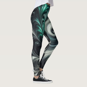 Abstract Modern Swirling Green, Silver and Black Leggings