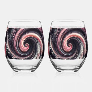 Abstract Modern Swirling Pink, Black and White Stemless Wine Glass