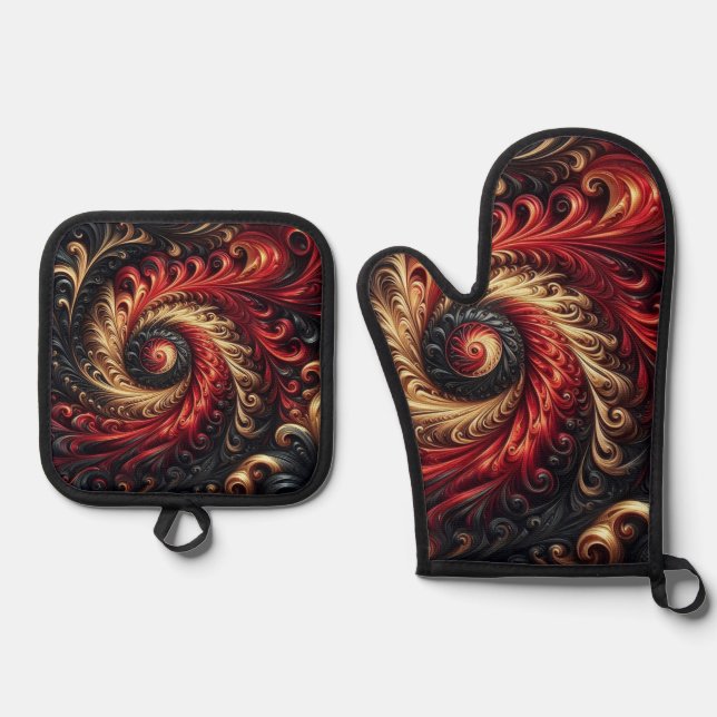 Abstract Modern Swirling Red, Black and Gold Oven Mitt & Pot Holder Set (Front)