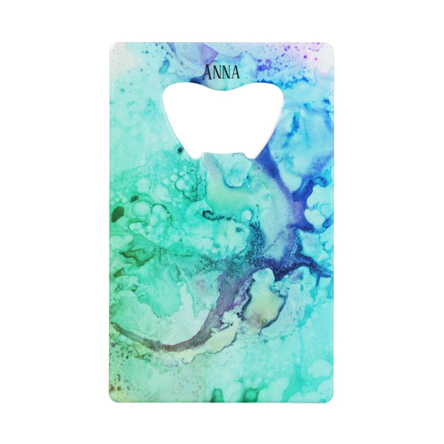 *~ Abstract Modern Watercolor Green Turquoise Credit Card Bottle Opener (Front)