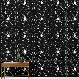 Abstract Modern White Flower Line Art on Black Wallpaper
