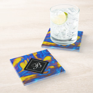 Abstract Modern Yellow Blue Purple Liquid Marble Glass Coaster