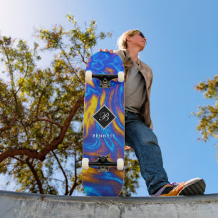 Abstract Modern Yellow Blue Purple Liquid Marble Skateboard
