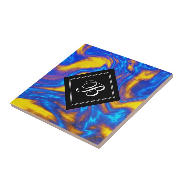 Abstract Modern Yellow Blue Purple Liquid Marble Tile (Side)