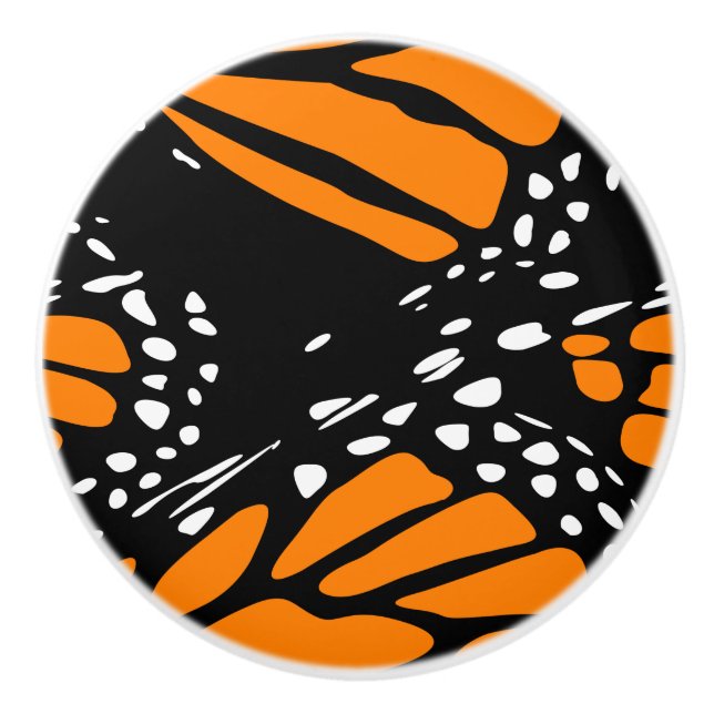 Abstract Monarch Butterfly Wing Orange Black White Ceramic Knob (Front)