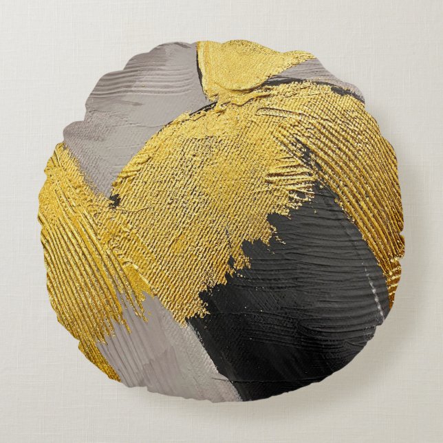 Abstract monochrome colours with gold brushstrokes round pillow (Front)