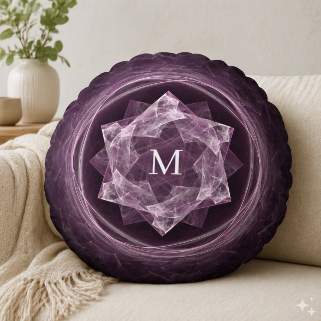 Abstract Monogram Dark Purple Star Fractal  Round Pillow (Creator Uploaded)