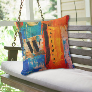 Abstract Monogram Orange Blue Black Outdoor Outdoor Pillow