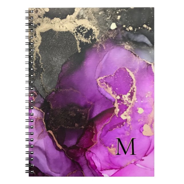 Abstract Monogram Pink Black Gold Alcohol Ink Notebook (Front)