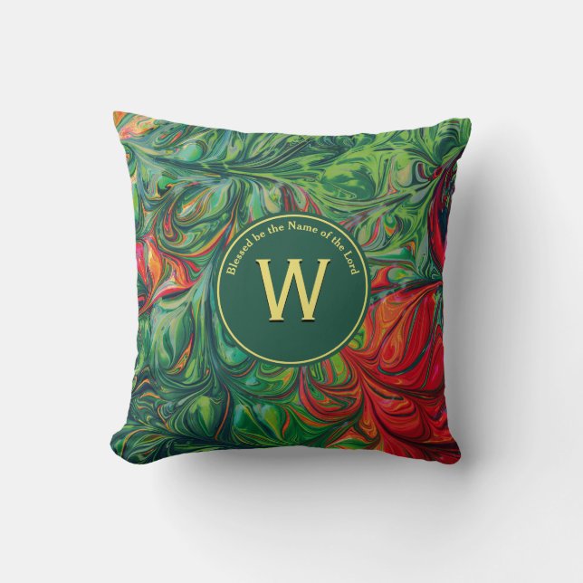 Abstract Monogram Scripture Customized GREEN Throw Pillow (Front)