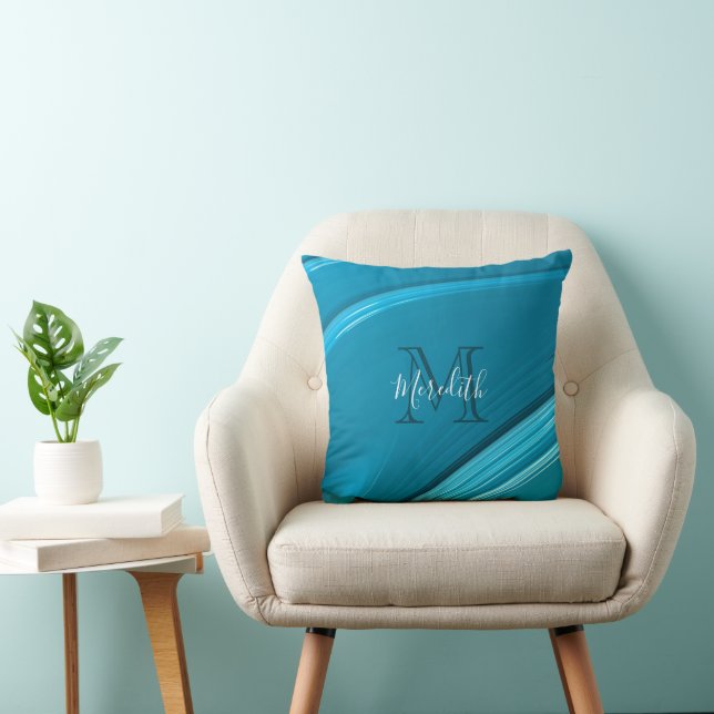 Abstract Monogram Teal Blue Swirl Throw Pillow (Chair)