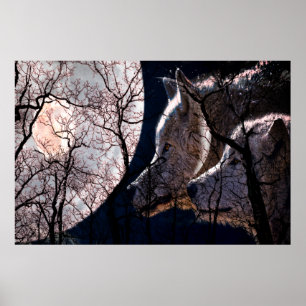 Abstract moon forest wolf tree poster