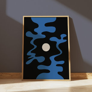 Abstract Moon Shapes Blue Black Modern Wall Poster