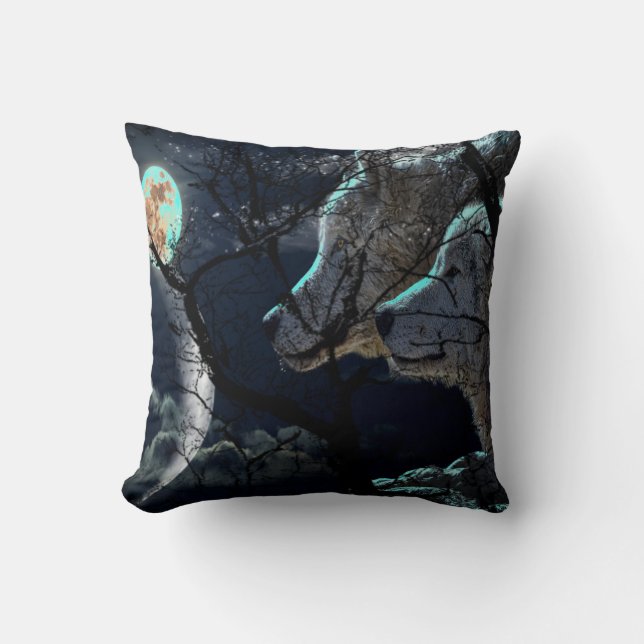 Abstract Moon Tree  night glow wolf Throw pillow (Front)