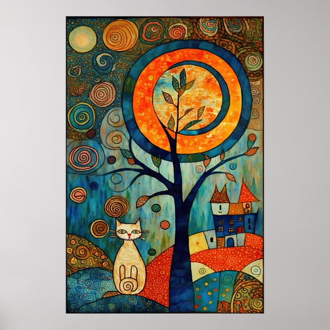 Abstract Moon: Whimsical Cat in Romanesque Style Poster (Front)