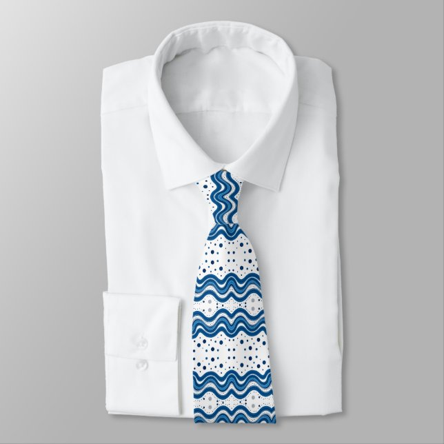 Abstract Moroccan White & Blue Wavy Lines & Dots Tie (Tied)