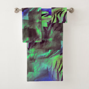 Abstract mosaic drawing of rustic green and blue bath towel set