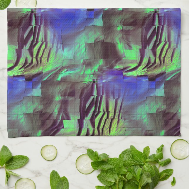 Abstract mosaic drawing of rustic green and blue kitchen towel (Folded)