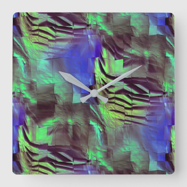 Abstract mosaic drawing of rustic green and blue square wall clock (Front)