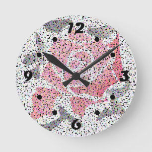 Abstract mosaic flower rose pink white gray floral round clock
