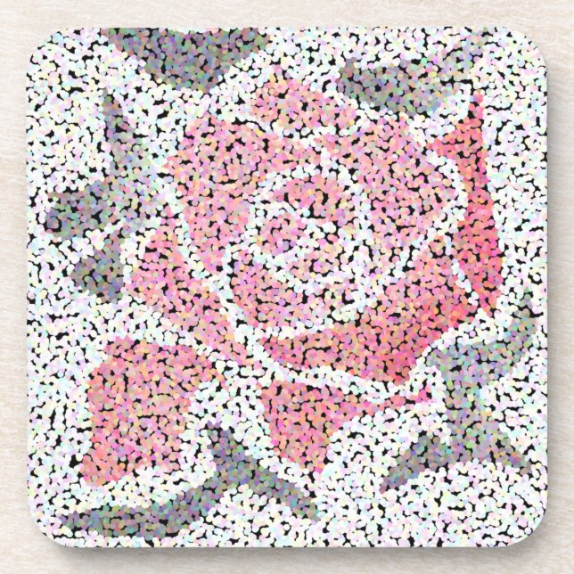 Abstract mosaic flower rose pink white grey floral coaster (Front)