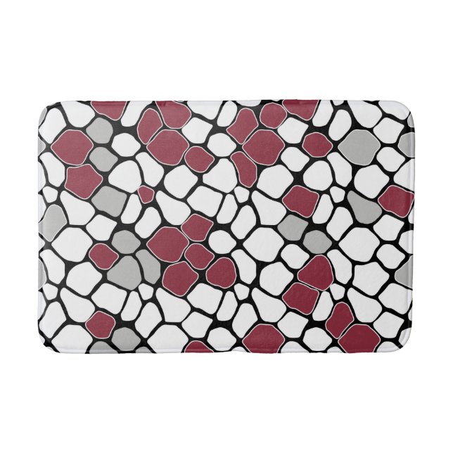 Abstract mosaic, grey, burgundy, black and white bath mat (Front)