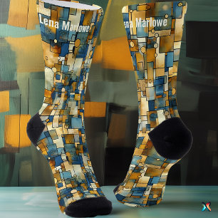 Abstract Mosaic in Blue and Gold Contemporary  Socks