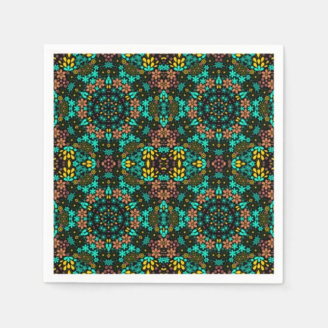 Abstract mosaic kaleidoscopic floral flowers black napkin (Front)