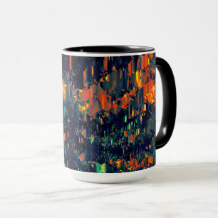 Abstract mosaic of displaced campfire on greenish mug