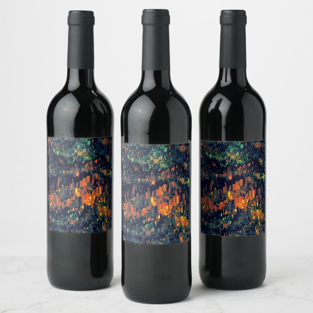 Abstract mosaic of displaced campfire on greenish  wine label (Bottles)