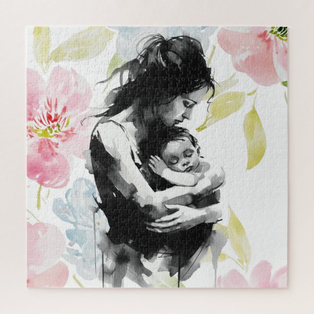 Abstract Mother and Child ink and watercolor Jigsaw Puzzle (Vertical)