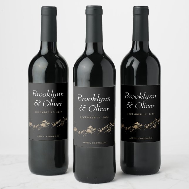 Abstract Mountains Black & Gold Couples Names Wine Label (Bottles)
