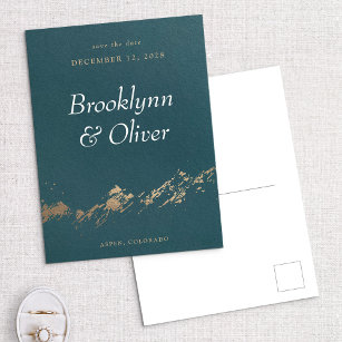 Abstract Mountains Dark Green & Gold Save the Date Announcement Postcard
