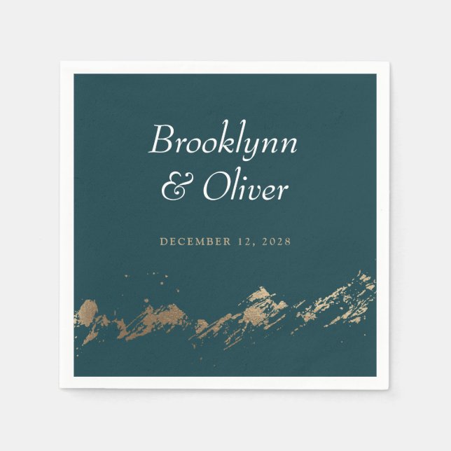 Abstract Mountains Dark Green & Gold Save the Date Napkin (Front)